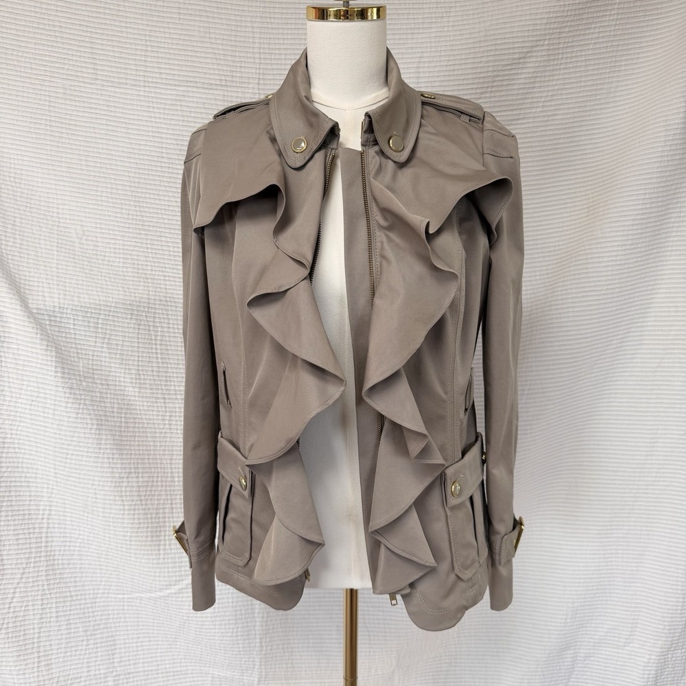 Anthropologie Elevenses Sz 8 Jacket Khaki Femme Trench Ruffle Utility Gold